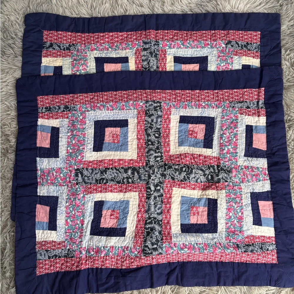 Vintage Log Cabin Navy and Pink Patchwork Quilt Pillow Case Set